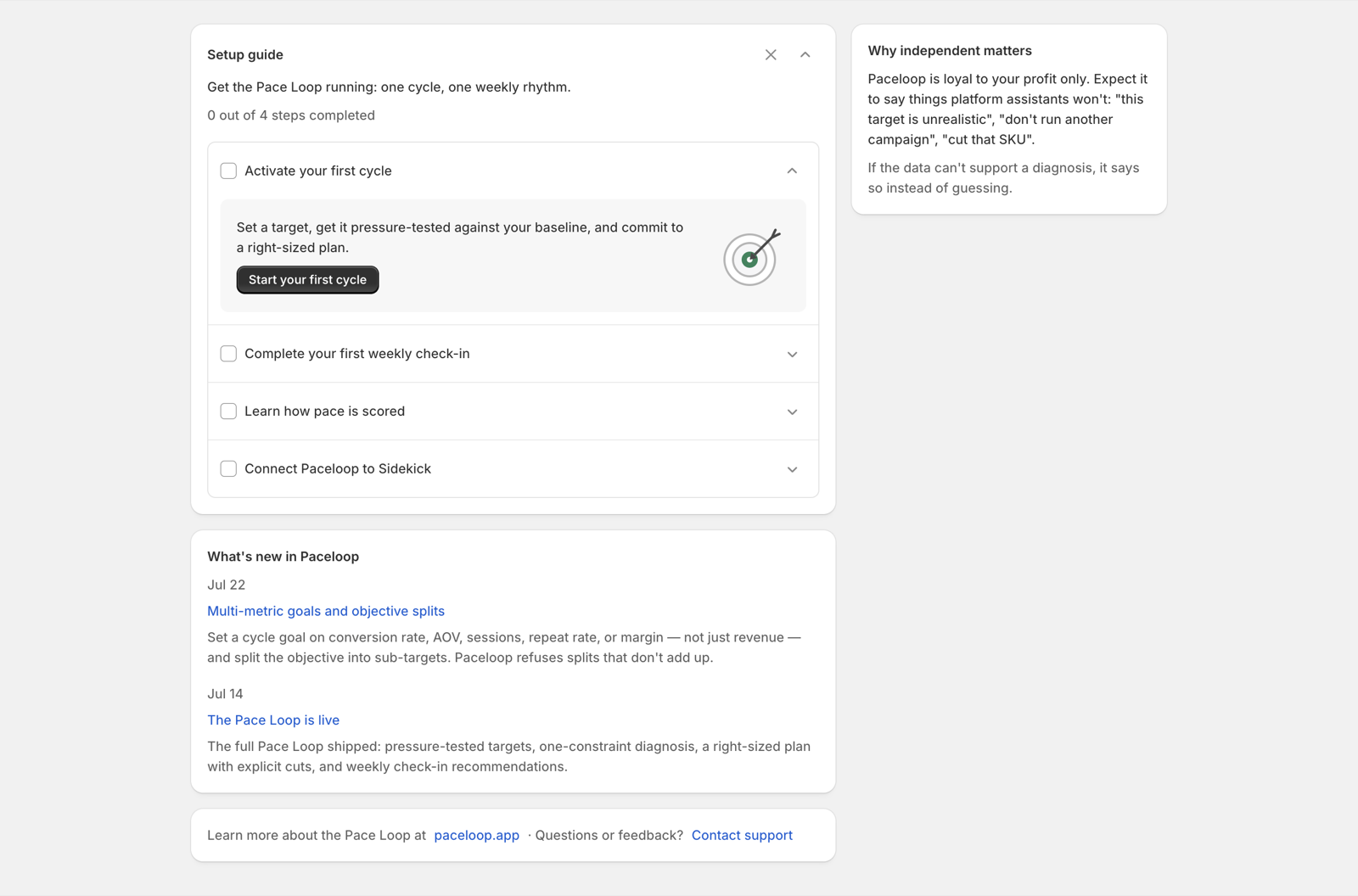 Paceloop home page showing the four-step setup guide after install