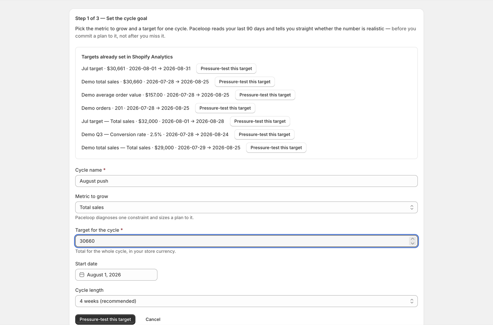 Set the cycle goal form with metric, target, start date and cycle length
