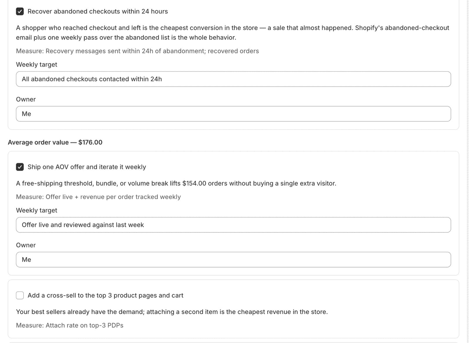 Plan step with two behaviors selected, each with a weekly target and owner