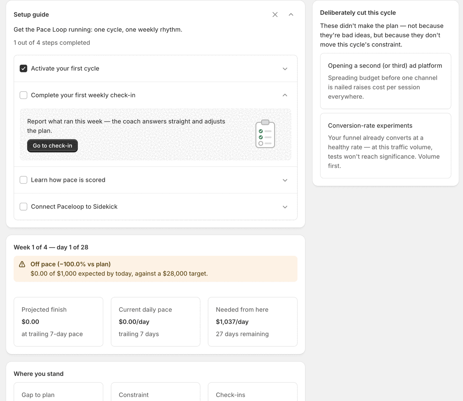 Home right after activation: week-1 pace, the cut list, and the setup guide's first step done