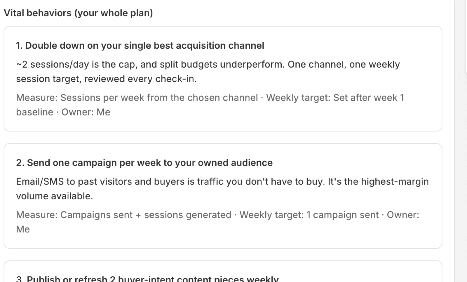 Vital behaviors list where each behavior shows its rationale plus a Measure, Weekly target and Owner line